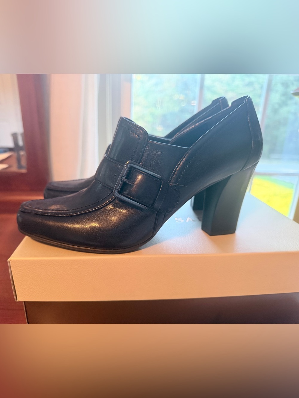 Franco Sarto Ronda Black Leather Buckle Block Heel Pumps